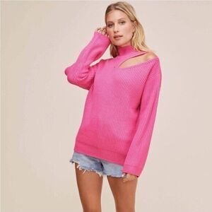 ASTR The Label Womens Cut Out Pullover Ribbed Sweater XS Hot Pink Long Sleeve